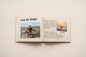Album photo de voyage ouvert – mise en page personnalisée avec photos et légendes.